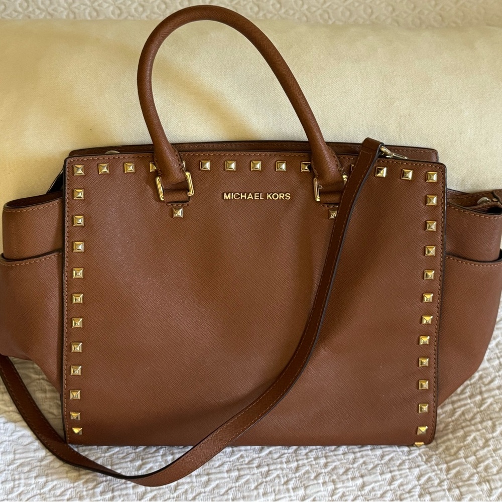 Michael Kors Tan Satchel with Gold Studs